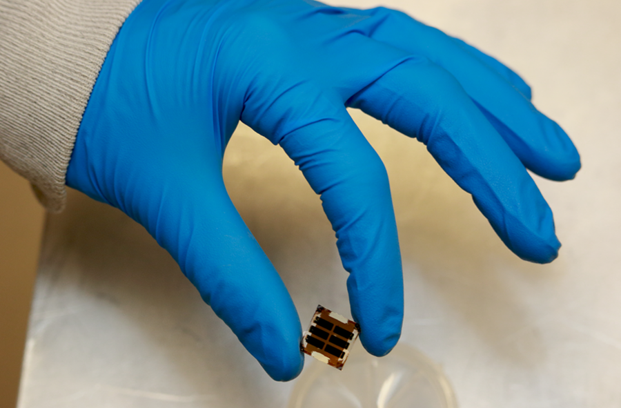MIT physics graduate student Patrick Brown holds a lead sulfide quantum-dot solar cell in the Organic and Nanostructured Electronics (ONE) Lab at MIT, where he works under Vladimir Bulović, the Fariborz Maseeh Chair in Emerging Technology at MIT School of Engineering.