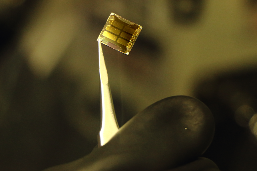 A lead sulfide quantum dot solar cell made by MIT physics graduate student Patrick Brown. Quantum-dot solar cells have the potential to be manufactured at lower cost than traditional solar cells.