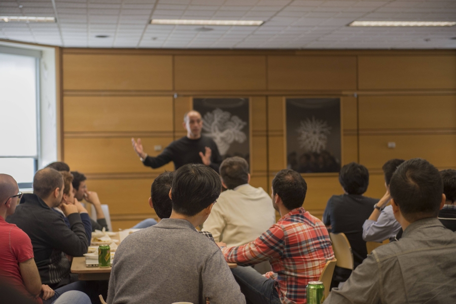 Postdocs gather for lunch, networking, and an impromptu discussion by Engineering Systems Division head Munther Dahleh.