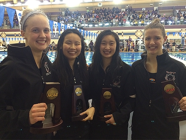 Engineers Veronika Jedryka '17, Amanda Wu '18, Lena Yang '16, and Emmie Ryan '15 (l-r) broke a school record for the 400-meter freestyle relay.