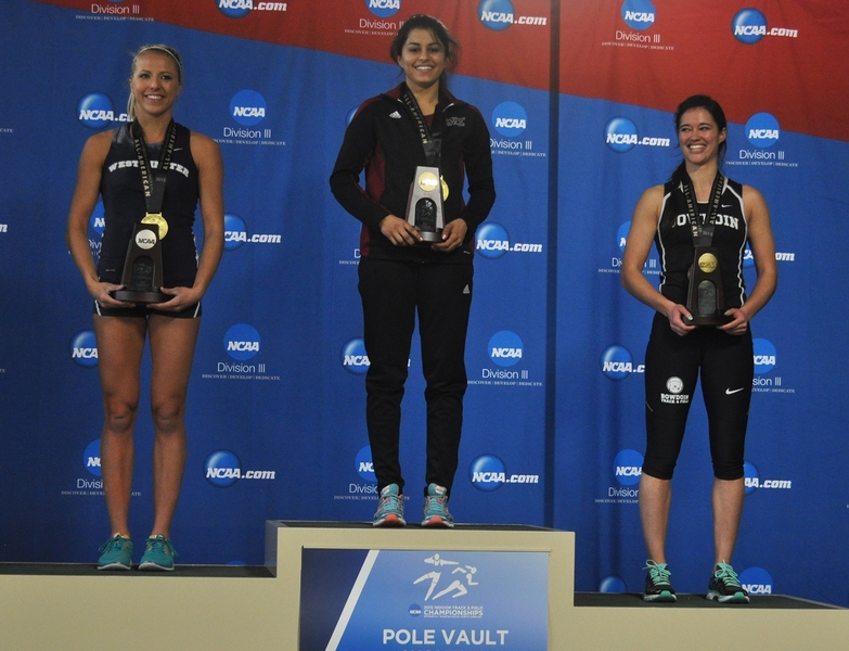 Cimran Virdi (center) takes to the podium with her second-straight indoor pole vault title.