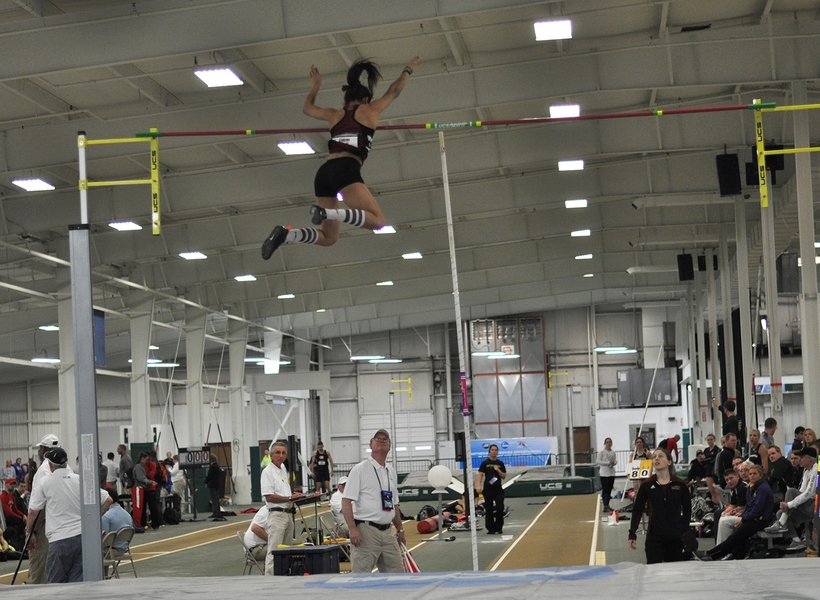 Junior Cimran Virdi clears the vault to pick up her second-straight Division III national pole vault championship.