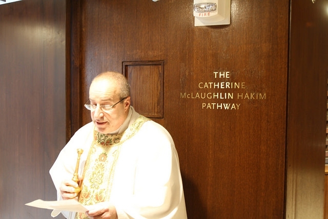 Rev. Richard Clancy, Tech Catholic Community chaplain and director of the Archdiocese of Boston's Campus Ministry, dedicates the Catherine McLaughlin Hakim Pathway at the MIT Chapel.