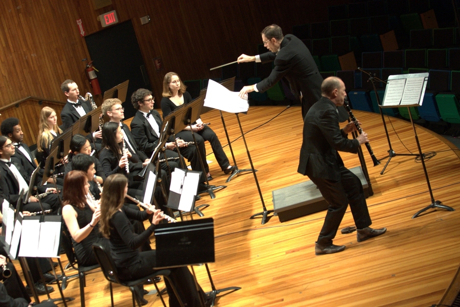 MIT music professor Evan Ziporyn, guest clarinet soloist, and Frederick Harris Jr., conductor, with the MIT Wind Ensemble