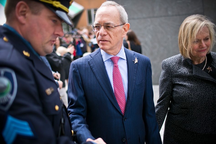 MIT President L. Rafael Reif and his wife, Christine, greeted members of the MIT Police after the ceremony.