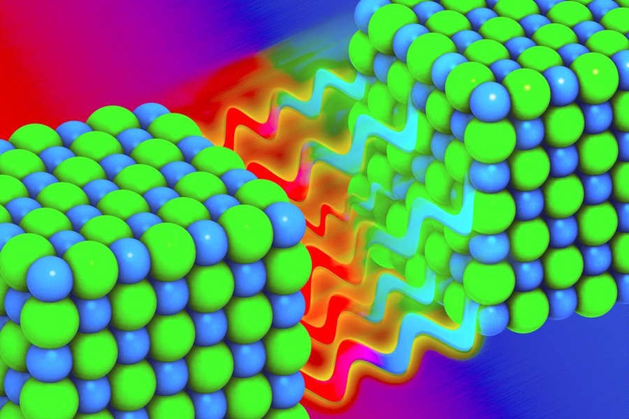 This illustration depicts phonons "tunneling" from one lattice of sodium chloride to another. New research shows that phonons can reach across a gap as small as a nanometer, “tunneling” from one material to another to enhance heat transport.