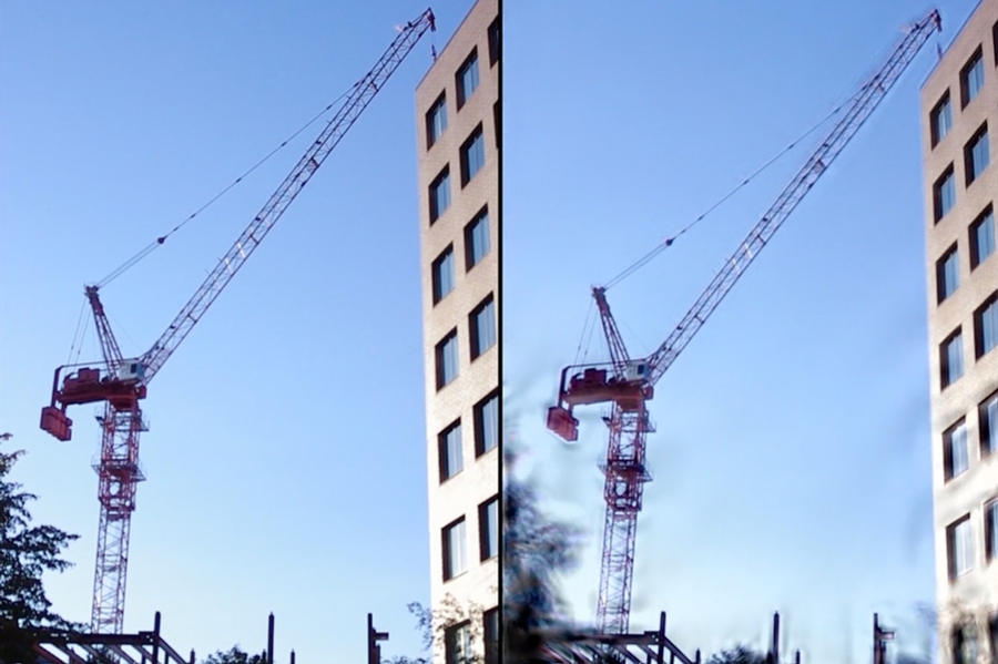 Motion magnification of a crane imperceptibly swaying in the wind. The source video is on the left, and the motion magnified video is on the right, with magnification of 100 times greater in the frequency band of 0.2 Hz to 0.25 Hz.