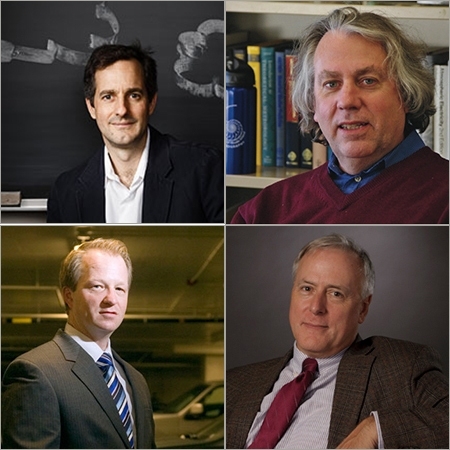 The climate podcast features four MIT faculty members. They are (clockwise from top left): Associate Professor Dan Cziczo, Professor Kerry Emanuel, Professor Christopher Knittel, and Professor Andrew Whittle.