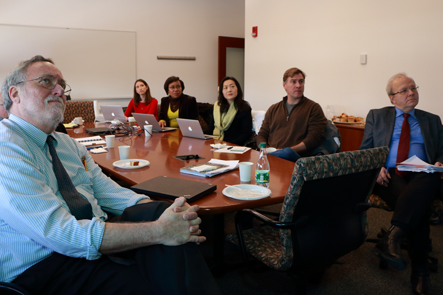 Skoltech Center for Electrochemical Energy Storage (CEES) researchers from MIT and Russia came together Feb. 19 for a meeting at the Materials Processing Center at MIT. CEES co-directors are Carl Thompson (front left), materials science professor and director of the Materials Processing Center, and Alexei Khokhlov (far right), professor of polymer physics at Moscow State University. Others are (l-...