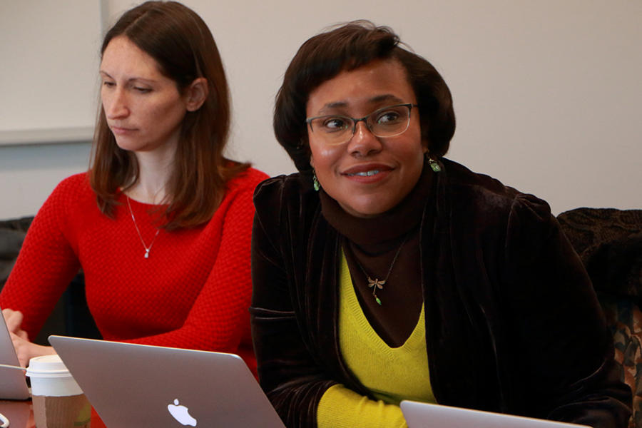 Alexie Kolpak, assistant professor of mechanical engineering, and Paula Hammond, the David H. Koch Professor of Chemical Engineering, listen during a Feb. 19 discussion among MIT, Moscow State, and Skoltech researchers at the Materials Processing Center at MIT.
