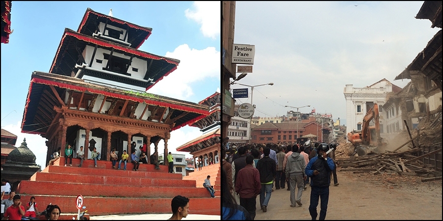 Durbar Square in Kathmandu, Nepal, in 2009 (left) and shortly after the April 25 earthquake.