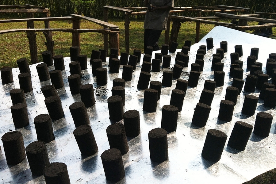 Agricultural waste charcoal briquettes dry in the sun. These briquettes are produced by D-Lab field partner Nakabale Integrated Development Group in Bugiri, Uganda.