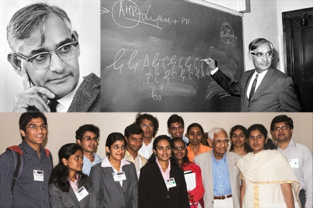 Clockwise from top left: Har Gobind Khorana, circa 1968; Khorana describing the creation of a human-made gene in June 1970; Khorana meets with the third class of Khorana Scholars.