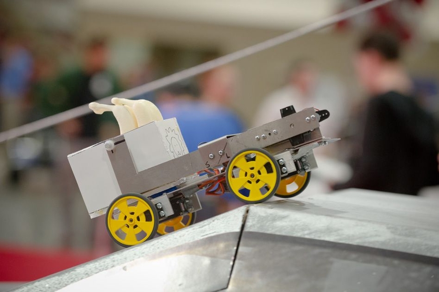 Three different tasks had to be completed, including dumping bananas into a bin labeled “flux capacitor.”