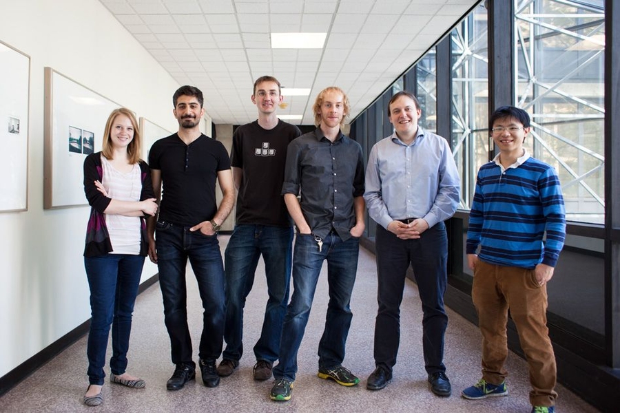 The Fermi gas microscope group: (from left) graduate students Katherine Lawrence and Melih Okan, postdoc Thomas Lompe, graduate student Matt Nichols, Professor Martin Zwierlein, and graduate student Lawrence Cheuk.