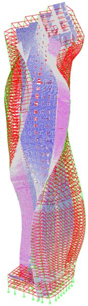 At 412.5 meters, the world’s tallest sculptured tower was built as a reinforced concrete structure. The tower’s computational model shows (greatly exaggerated) dynamic torsional movements under ambient excitation.