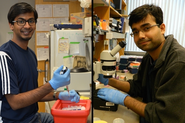 MIT graduate students Chetan Srinath (left) and Vivek Dwivedi are Khorana Scholars.
