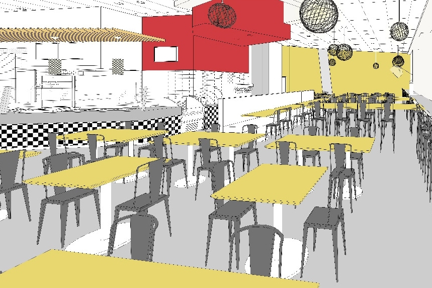 Rendering of the updated Forbes Family Café in the Stata Center