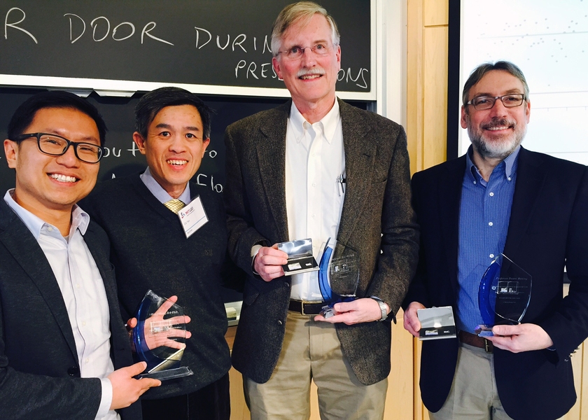 Weng Hong Teh (left) shares an award with his internship advisors (l-r) CU Tan of SanDisk and MIT professors Roy Welsch and Duane Boning.