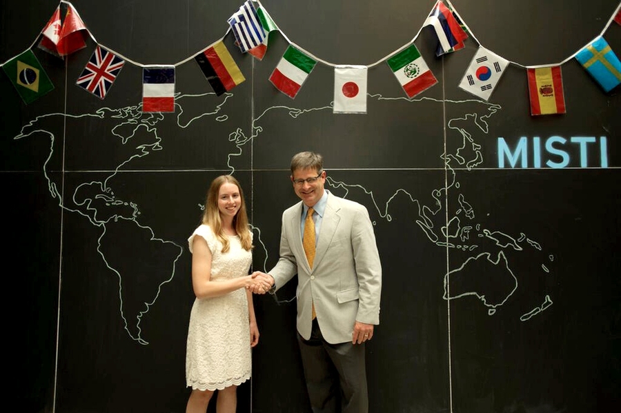 At the MISTI Excellence Awards ceremony on June 5, Chappell Lawson, director of MISTI and associate professor of political science, congratulated award winner Beth Hadley '15.