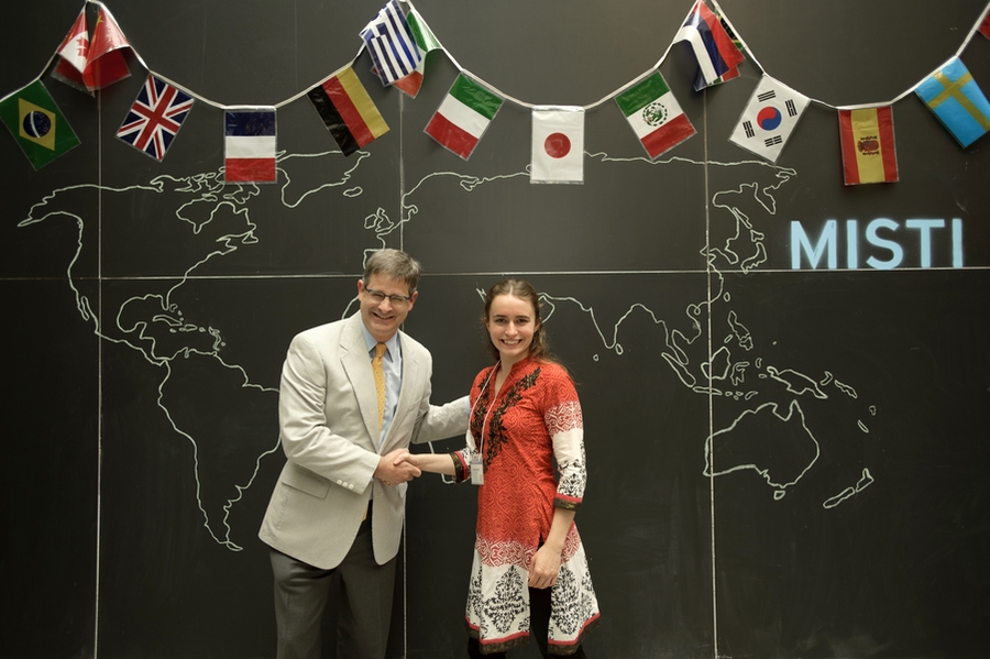 At the MISTI Excellence Awards ceremony on June 5, Chappell Lawson, director of MISTI and associate professor of political science, congratulated award winner Kelly Kochanski '15.