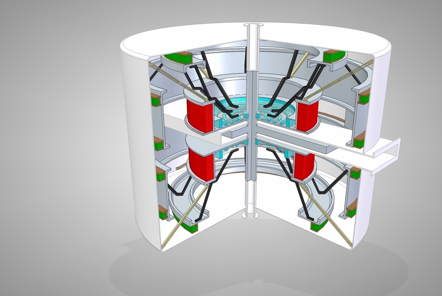 Ironless superconducting cyclotrons aim to increase availability of proton radiotherapy cancer treatment. This solid-model image shows the general arrangement of an iron-free synchrocyclotron: The main magnetic field coil is red, field-shaping coils are light blue, and field-shielding coils are green.
