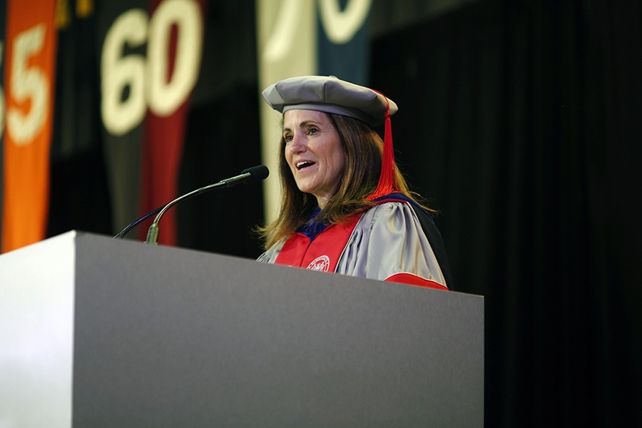 Chancellor Cynthia Barnhart offers welcoming remarks