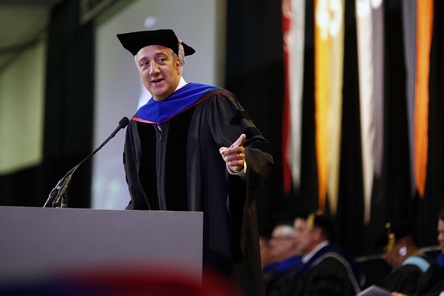 Astronaut and alumnus Mike Massimino SM '88, PhD '92 was the first-ever guest speaker at an MIT hooding ceremony.