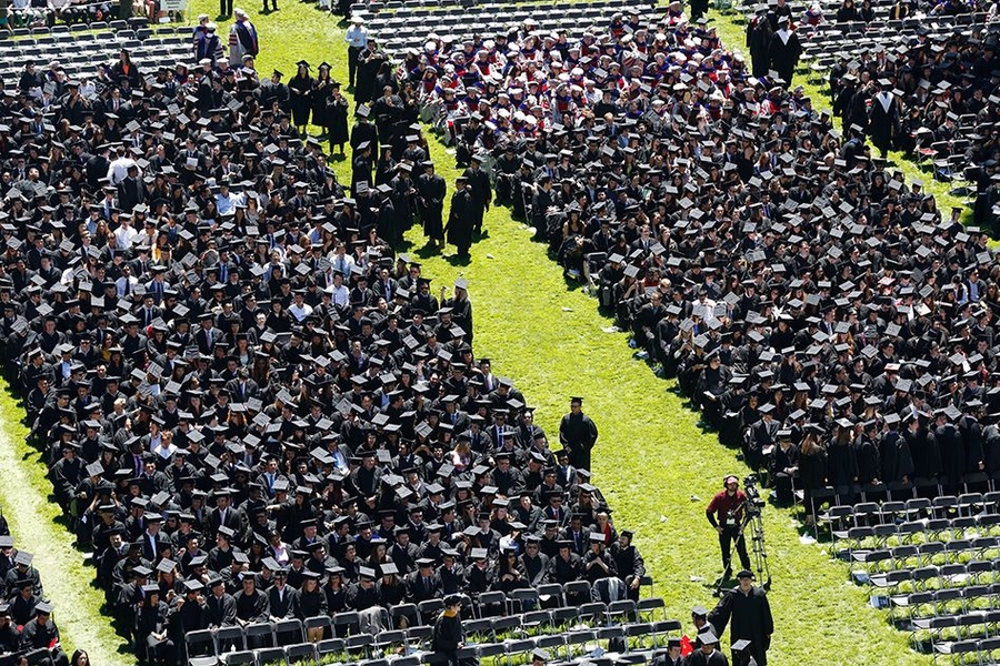 At MIT’s 2015 Commencement ceremony, 1,054 undergraduates and 1,719 graduate students received degrees under clear blue skies in Killian Court.