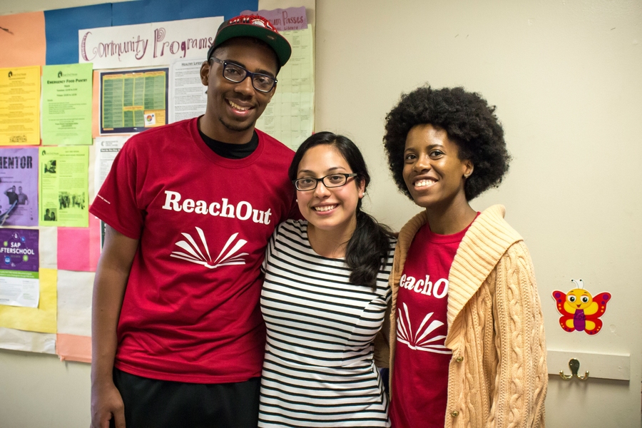 L-R: Makai Cartman '15, Pamela Montalvo '12, and Arica Wyche '16 pose at the end of a tutoring session. Montalvo is the director of community programs at East End House and was a ReachOut tutor as an MIT student.