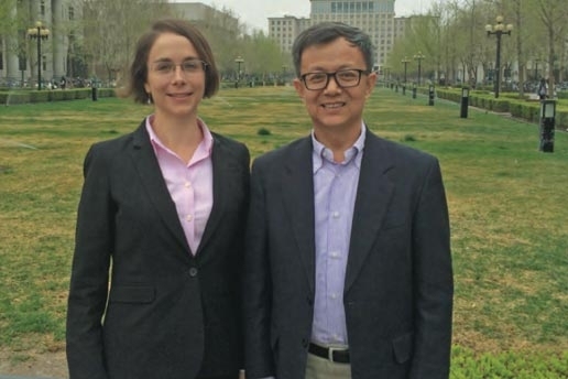 Valerie Karplus of the MIT Sloan School of Management (left) and Xiliang Zhang of Tsinghua University pose on the Tsinghua campus. In their joint research, they are using a novel model to investigate the impacts of Chinese energy and climate policies on the country’s future energy use, carbon dioxide emissions, and economic activity.