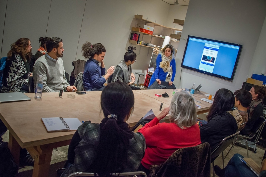 Anicka Yi (in blue, closest to display) co-taught the 2015 Art and Science of Bacteria MIT Independent Activities Period course with postdoc Tal Danino.