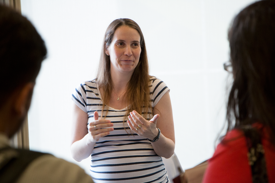 Gili H. Bisker, a postdoc in the Strano Lab, explains to Summer Scholars her work on glucose sensors to help diabetes patients monitor their blood sugar levels.