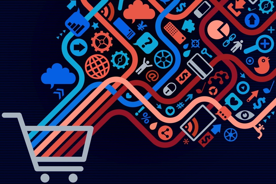 Graphic of shopping cart and colorful lines and visualizations coming out of it