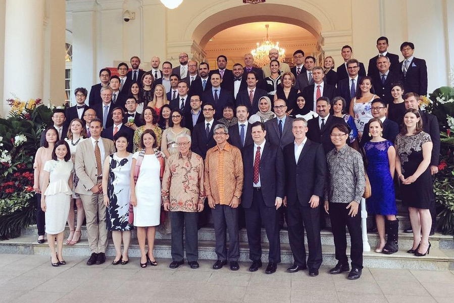 Singapore's president, Tony Tan (front row, fifth from left), hosted MIT faculty and others associated with the Regional Entrepreneurship Acceleration Program (REAP) at a dinner at his official residence, Istana, on Tuesday.