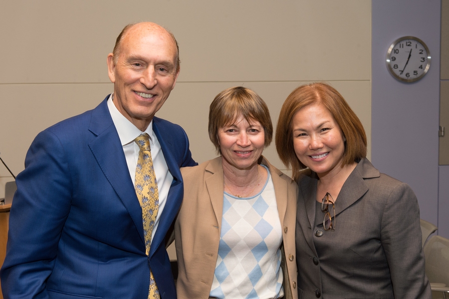 The Kavli Foundation President Robert Conn (left) and Executive Vice President for Science Programs Miyoung Chun (right) pose with MIT Vice President for Research Maria Zuber.