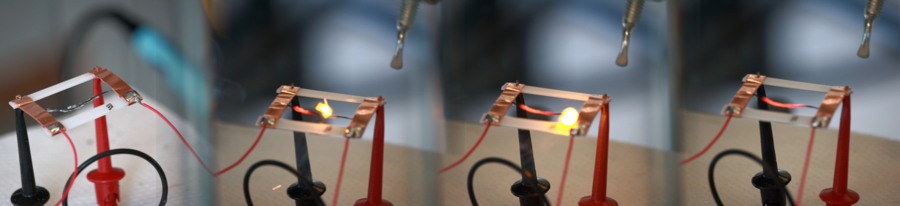 A flame travels across a fueled carbon nanofiber during an experiment in the Strano Lab. Summer Scholar Stephen Gibbs worked on the thermopower wave project with first-year graduate student Tianxiang “Albert” Liu. 