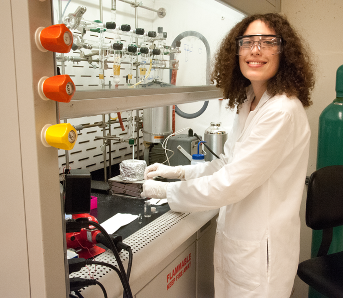 Summer Scholar Lena Barrett works in the lab of MIT associate professor of chemical engineering Yuriy Román, where she sought to uncover a novel catalytic process for producing neopentyl glycol, an important intermediate in industry. Barrett worked with PhD student Helen Luo on the project.