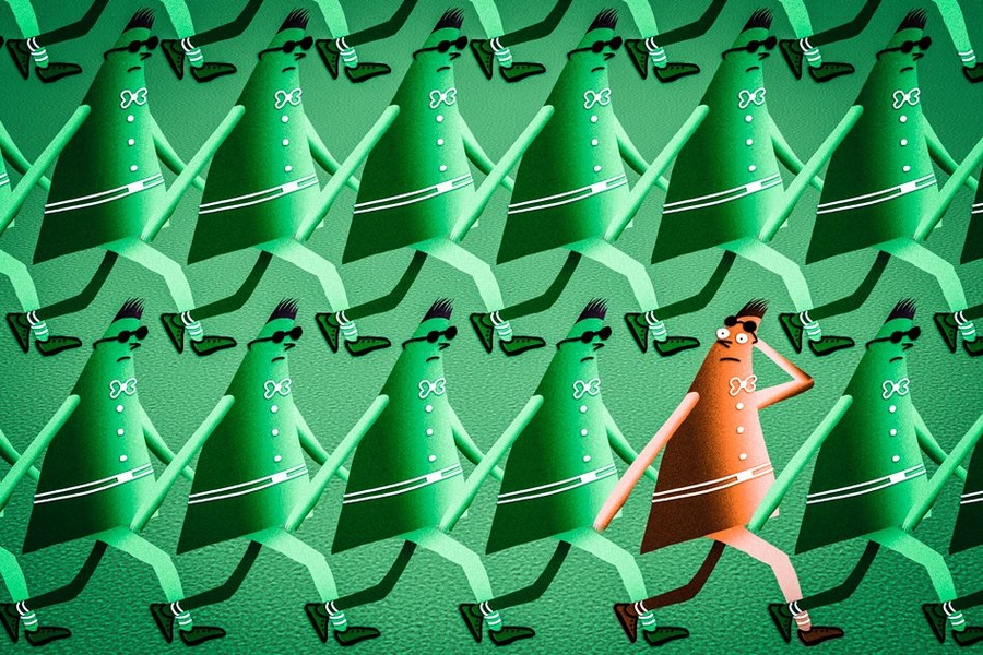 Green cartoonish characters all moving the same way except one, in red