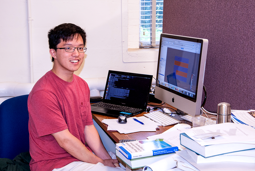 Summer Scholar Nathan Zhao simulates properties at metal-to-metal interfaces of multilayered metals, in associate professor of materials science and engineering Michael Demkowicz's group. Zhao investigated inherent stability of nanocrystalline composites that are of interest for their high strength and resistance to radiation damage.