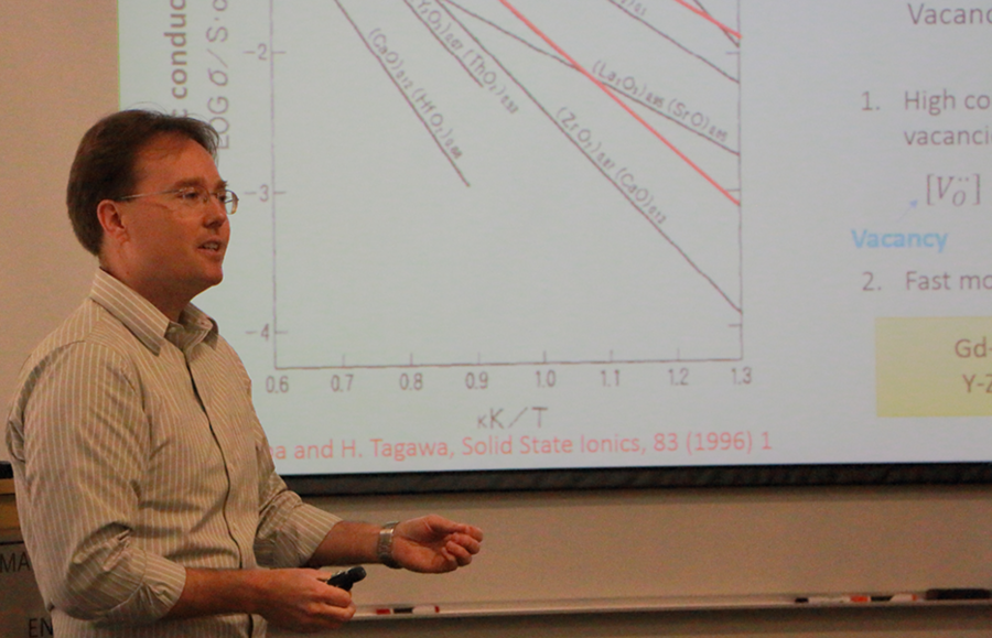 Sean Bishop presents an update of his research on the chemo-mechanics of solid oxide fuel cells to the MPC-CMSE Summer Scholars on July 31. Solid oxide fuel cells are often subject to dramatic changes in size with composition during operation, known as chemical expansion, and, as Bishop's studies show, limiting this kind of expansion is a challenge. Bishop is a research associate in the group of H...