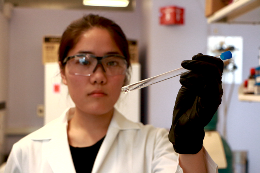 Summer Scholar Zhenni Lin holds a tube containing a hydrogel she studied this summer in the lab of David H. Koch Professor of Engineering Michael J. Cima. “Since the material that we’re trying to make can be used to measure pH internally, we can put the material near a tumor inside the body.” Lin says. “By seeing the relaxation properties of the material when it’s near the tumor, we can ...