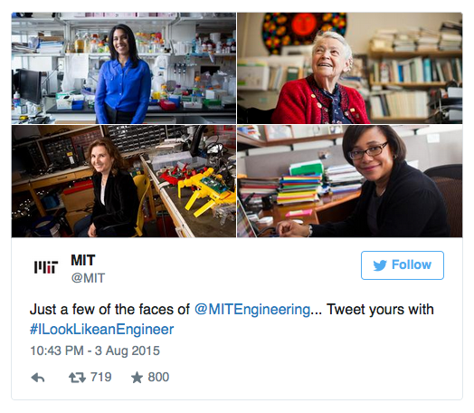 An MIT #ILookLikeanEngineer tweet featured professors (clockwise from top left) Sangeeta Bhatia, Mildred Dresselhaus, Paula Hammond, and Daniela Rus.