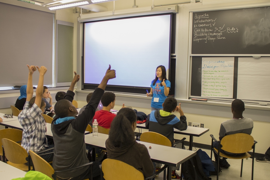 Instructor Julia Sun reviews the engineering design process with her students.