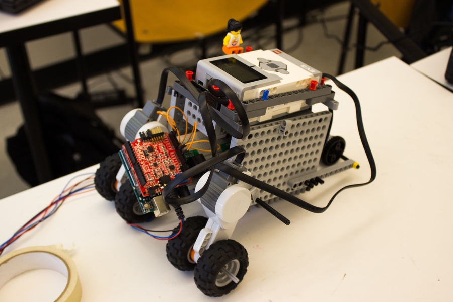 As part of their neural engineering unit, students built robots that they could control by tensing or relaxing their muscles.