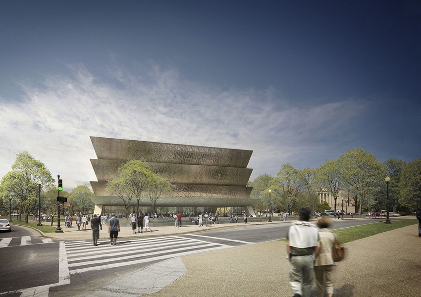 Rendering of the Smithsonian National Museum of African American History and Culture, under construction on the National Mall in Washington