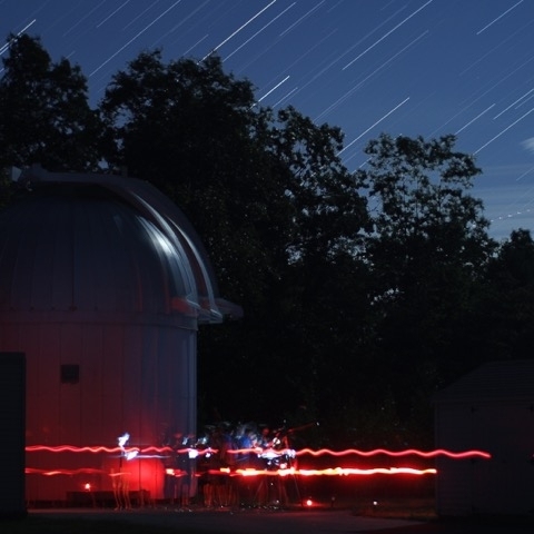 A composite image of the student visit to Wallace Observatory. The stars of Pegasus can be seen rising over the trees.