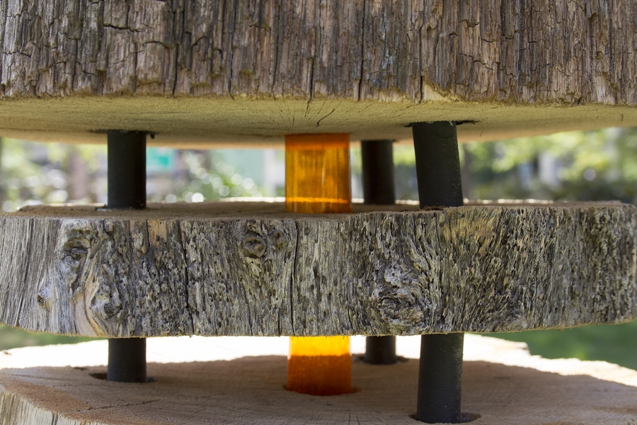 "Marginal" is a field created out of eight recycled oak pilings from a shipyard in Boston Harbor that have been sliced into more than one thousand cross sections by chainsaw. “'Marginal' measures change in the site’s natural slope toward the harbor and brings subtle awareness to our movement across it,” the Design Biennial Boston site states.