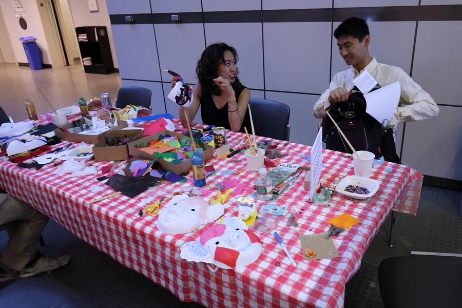 List Visual Arts Center intern Trisha Hautea leads a hands-on art-making workshop inspired by works in the Student Loan Art Program exhibition and lottery. Students selected a work on view in the exhibition and created collaged and painted masks inspired by their choice. 