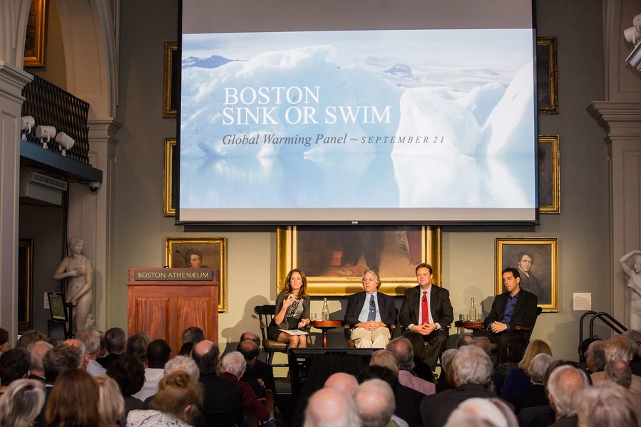 MIT Chancellor Cynthia Barnhart (left) moderated the Sink or Swim panel, which included (l-r) professors Kerry Emanuel, Markus Buehler, and Alan Berger.